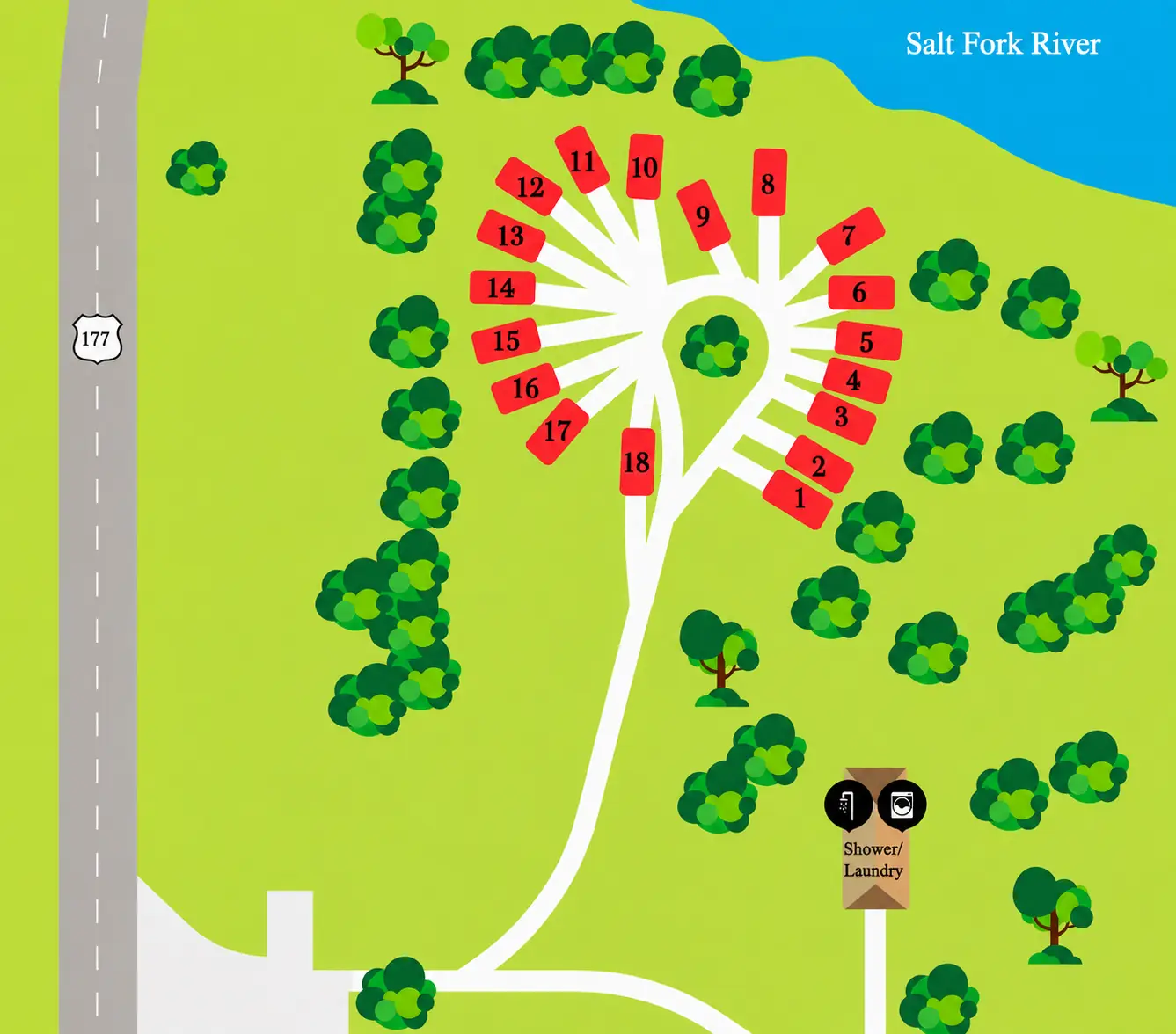 Rivershire RV Resort campground map — site layout along the Salt Fork River