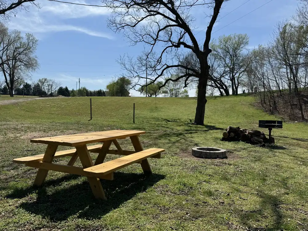Picnic table and fire pit on green grass at Rivershire